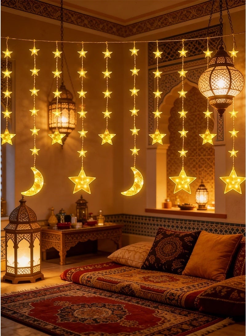 Ramadan Lights, Star Moon Curtain Lights, USB Powered Eid Mubarak Lights 8 Lighting Modes Ramadan Decorations for Home - Image 1